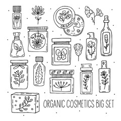 Natural cosmetics doodle vector clipart. Herbs. Organic ingredients. Eco friendly, vegan cosmetics. Vegan  Sticker, icon.