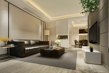 3d rendering modern dining room and living room with luxury decor and leather sofa