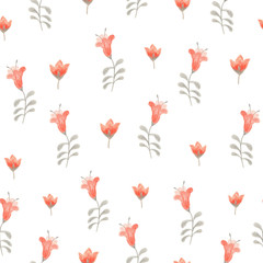 Seamless background. Drawing flowers in the style of primitive art. Hand-drawn illustration for printing on fabric, clothing, tableware, wrapping paper, Wallpaper.