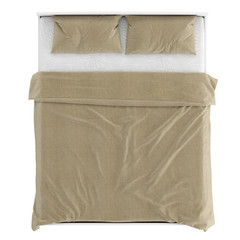 White wooden double bed with beige linen. Top view. 3d rendering