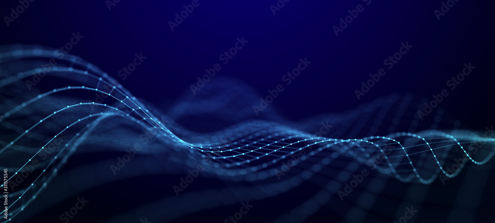 Poster Wave of dots and weave lines. Abstract background. Network connection structure.