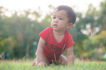 Funny asian boy crawling on green meadow city park sunset