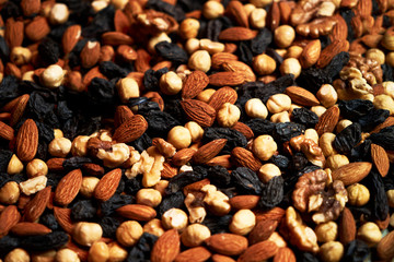 Nuts background with almonds hazelnuts walnuts raisins