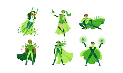 Eco Superheroes Wearing Green Costumes Vector Illustrations Set - obrazy, fototapety, plakaty