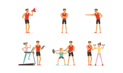 Fototapeta na wymiar Personal Gym Coach Helping People Characters Training Vector Illustrations Set