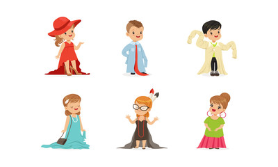 Cute Little Kids Wearing Elegant Adult Oversized Clothes Vector Illustrations Set