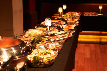 Food background, close-up. Catering buffet food in hotel restaurant.