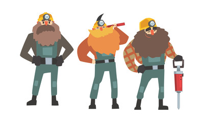 Broad-Shouldered Miner Characters Wearing Mining Robe Vector Set