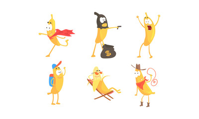 Cartoon Banana Character Doing Various Things Vector Set
