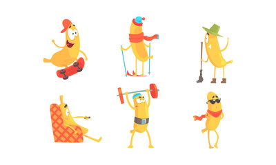 Cartoon Banana Character Doing Various Activities Vector Set