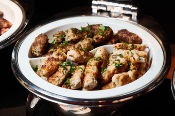 Barbeque party table with meat appetizer, shish kebab, shashlik