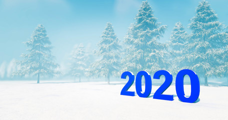 2020 Text in Snow, Winter Concept, 3D Rendering