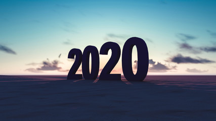 2020 Text at Sunset, Winter Concept, 3D Rendering