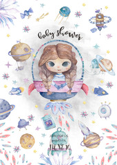 Astronaut cartoon girl flying in the space with a futuristic rocket and satellites around stars and planets. Baby shower, invite, celebration and birthday card for little princess.