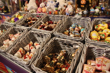 Baskets with new year toys in the street market