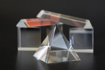 Sample of optical glass cube,  pyramid and prism
