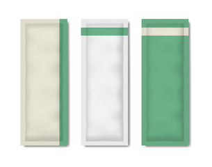 Blank sachet packet, vector template. Individual pouch packaging for cosmetic, medical, food products. Color set. Easy to recolor