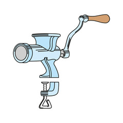 Classic manual meat grinder. Vector black vintage engraving illustration for menu, poster, label. Isolated on white background