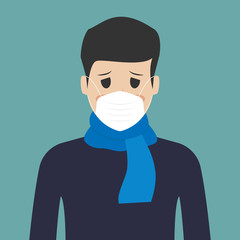 Man sick fever using mask, flat design vector illustration