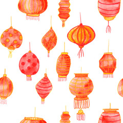 Seamless pattern with traditional paper chinese lanterns. Hand drawn with watercolor and colored pencils. Chinese New Year 2020. For greeting cards, prints, wrapping paper and fabric design