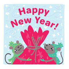 Obraz premium New Year card design. Colorful vector illustration of two cute mice hugging Christmas bag full of gifts in hand drawn sketch style isolated on white background. Happy New Year Xmas greeting.