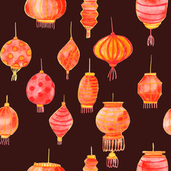 Seamless pattern with traditional paper chinese lanterns. Hand drawn with watercolor and colored pencils. Chinese New Year 2020. For greeting cards, prints, wrapping paper and fabric design