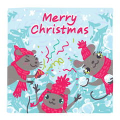 Christmas card design. Party. Colorful vector illustration of three cute mice joyfully celebrating holidays in hand drawn sketch style isolated on white background. Merry Christmas. Xmas greeting.