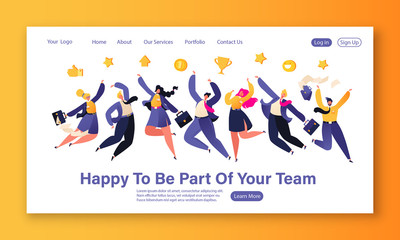 Obraz na płótnie Canvas Happy young business people men and women jump with hands up. Teamwork and celebration theme for website landing page. Corporate party concept for web page banner.