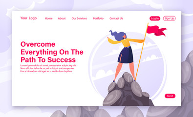 Motivational concept for website landing page, web page. Flat cartoon business woman character hoisted flag on mountain top. Concept and metaphor of success in business, leadership, achievement of goa