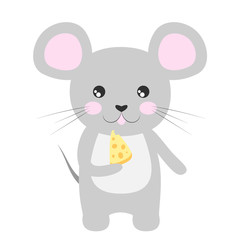 Cartoon mouse eats cheese. Vector illustration on a white background. Drawing for children.