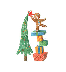 Fototapeta premium Gingerbread man stands on gifts and dresses up the Christmas tree.Merry Christmas watercolor illustration. Isolated on white background, for print or postcard.