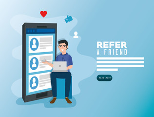 poster of refer a friend with young man and smartphone vector illustration design