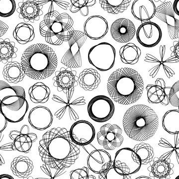 Seamless geometric spirograph patterns. Black and white vector illustration.