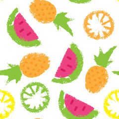 Seamless pattern with stamps tropical fruit. Vector illustration. On white background.