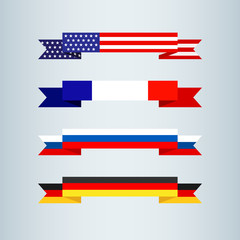 Flag ribbon of America USA France Germany Russia Set collection of bright flat banner ribbons icon ribbon Flag national colors of the countries of America USA France Germany Russia Vector icon flag