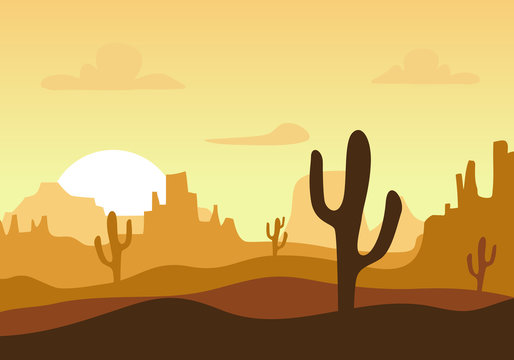 Desert sunset silhouette landscape. Arizona or Mexico western cartoon background with wild cactus, canyon mountain