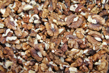 Peeled walnuts full frame photo. Walnuts pattern. Kernels.