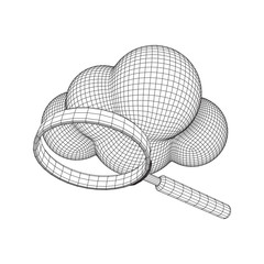 Cloud with magnifying glass. Concept of cloud computing service technology and search. Wireframe low poly mesh vector illustration