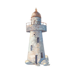 Watercolor lighthouse illustration. Isolated lighthouse on white background. Hand drawn artwork.
