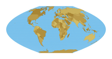 Fototapeta na wymiar World Map. McBryde-Thomas flat-polar parabolic pseudocylindrical equal-area projection. Map of the world with meridians on blue background. Vector illustration.