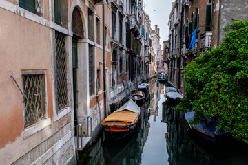 Fototapeta na wymiar Narrow canal between old houses, boats on dark water. Green tree. Venice, Italy.