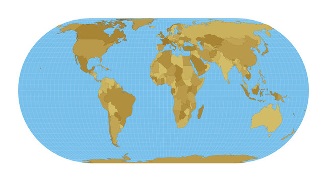 World Map. Eckert IV projection. Map of the world with meridians on blue background. Vector illustration.