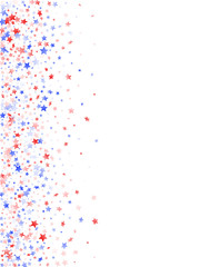 Flying red blue white star sparkles on white vector american patriotic background.