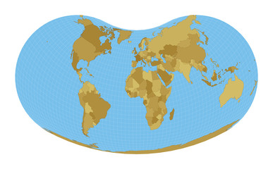 World Map. Hill eucyclic projection. Map of the world with meridians on blue background. Vector illustration.