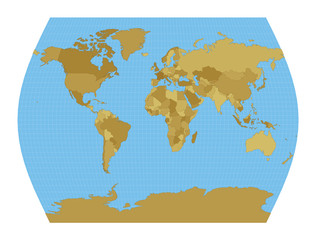 World Map. John Muir's Times projection. Map of the world with meridians on blue background. Vector illustration.