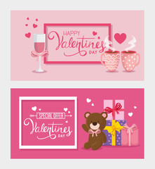 set cards of happy valentines day with decoration vector illustration design