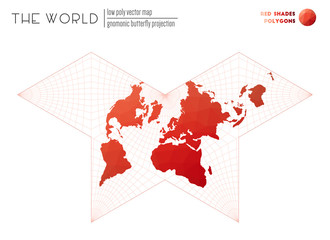 Triangular mesh of the world. Gnomonic butterfly projection of the world. Red Shades colored polygons. Contemporary vector illustration.