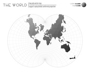 Polygonal world map. August's epicycloidal conformal projection of the world. Grey Shades colored polygons. Elegant vector illustration.