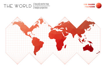 World map with vibrant triangles. HEALPix projection of the world. Red Shades colored polygons. Beautiful vector illustration.