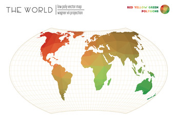 Low poly world map. Wagner VII projection of the world. Red Yellow Green colored polygons. Modern vector illustration.